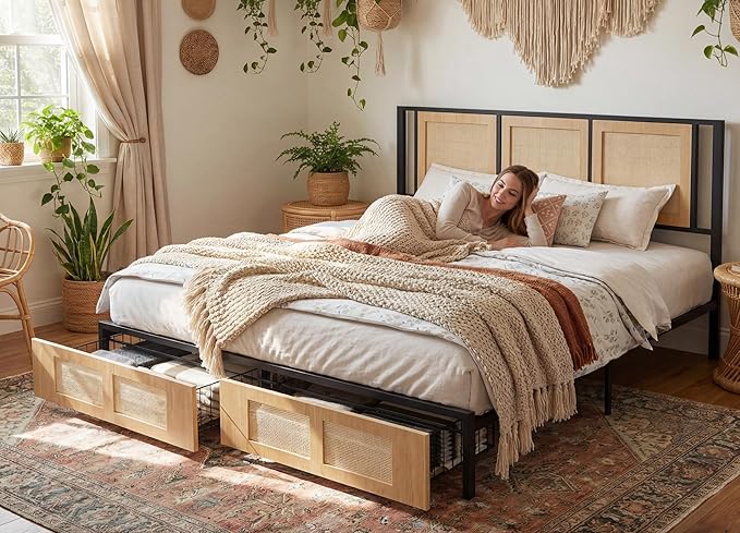 YITAHOME Natural Rattan King Bed Frame with Wooden Headboard and 2 Storage Drawers Underneath, Boho Cane Bed Platform Bed with Metal Slat, Noise Free, No Box Spring Needed