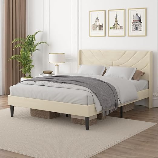 VECELO Upholstered Platform Queen Bed Frame with Fabric Headboard,Wooden Slats Support/No Box Spring Needed/Mattress Foundation,Beige