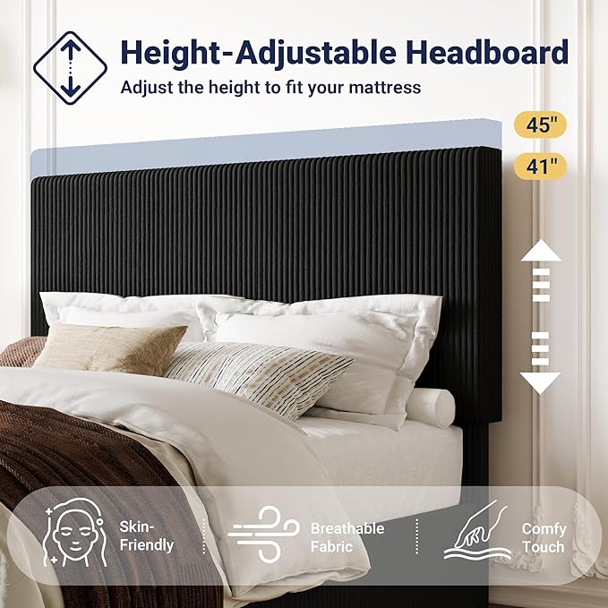 Allewie Queen Bed Frame, Upholstered Platform Bed, Adjustable Vertical Channel Tufted Headboard, Corduroy Fabric, Modern Low Profile, Wooden Slats, No Box Spring Needed, Easy Assembly, Black