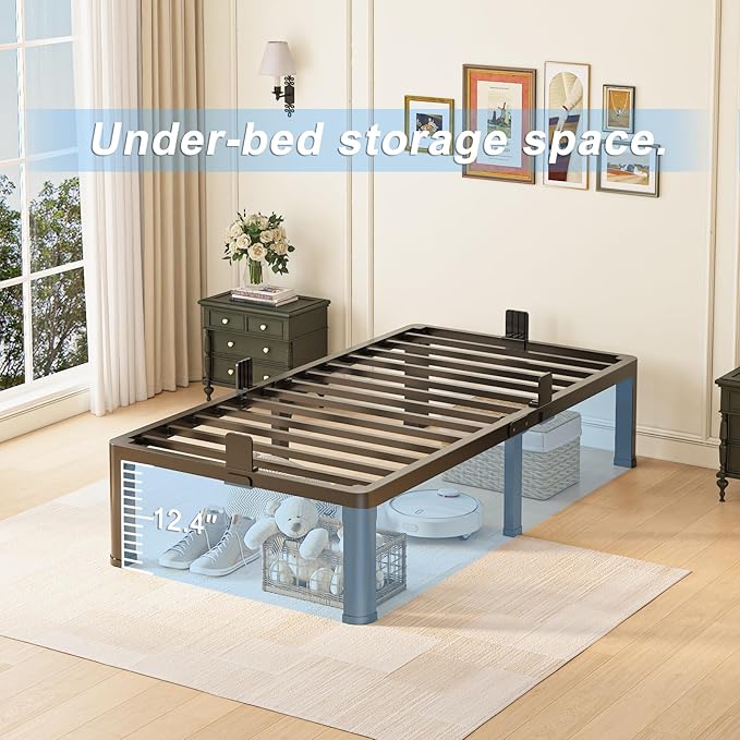 Yitong Angel 14 inch Twin Bed Frame with Round Corner Legs Mattress Slide Stopper,3500 lbs Heavy Duty Metal Platform,No Box Spring Needed,Steel Slat Support,Easy Assembly,Noise Free