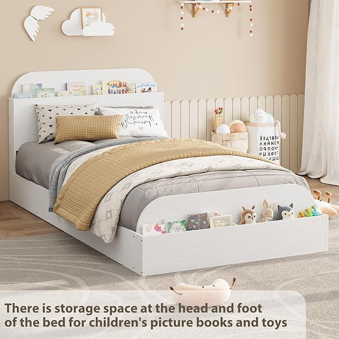 GarveeHome Twin Size Bed Frame, Wooden Beds with Storage Headboard and Raised-Foodboard for Kid, Twin-Floor Low Platform Bed for Bedroom, Sturdy Wooden Slats Support, No Box Spring Needed, White