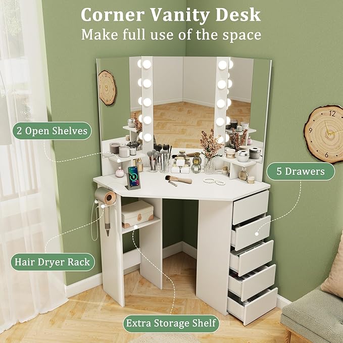 CHARMAID Corner Vanity Desk with Mirror and Lights, White Makeup Vanity Table with 5 Drawers, Storage Shelves, Charging Station, 3 Lighting Modes, Compact Vanity Dressing Table for Small Space