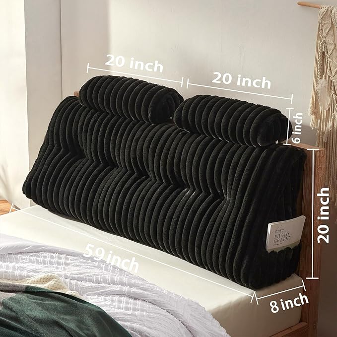 Rycwola Faux Fur Headboard Pillow with 2 Pack Neck Roll Pillow Large Headboard Pillow Soft and Supportive with Removable Cover (Black, Queen)