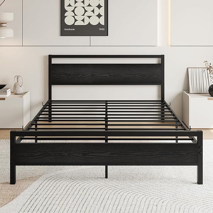 HOJINLINERO Queen Bed Frame with Wood Headboard,Metal Platform Bed Frame Queen Size with Storage No Box Spring Needed,Heavy Duty Queen Size Bed Frame Metal Slats Support Mattress Base No Noise,Black