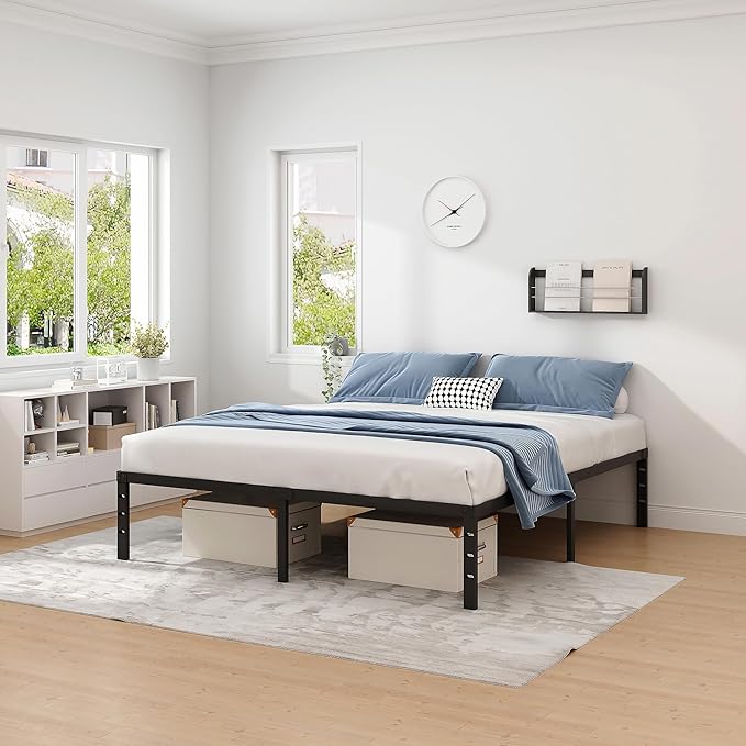 NEW JETO Metal Bed Frame,King Size Bed Frame with Storage Space,Heavy Duty Sturdy Mattress Foundation,Easy Assembly,No Box Spring Needed,Black,12 Inch,King
