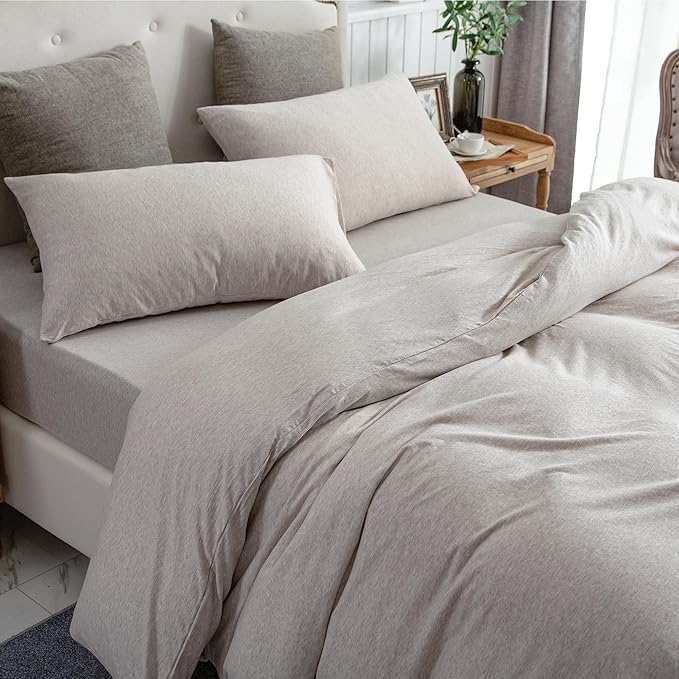 PURE ERA Jersey Knit Duvet Cover Set 100% T-Shirt Cotton Super Soft Comfy 3pc Bedding Set with Zipper Closure (Heather Beige, Full)