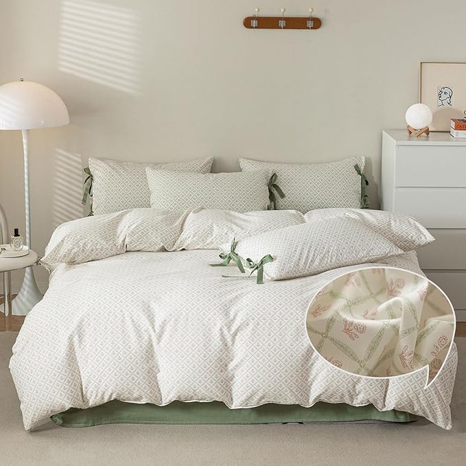 VM VOUGEMARKET King Duvet Cover with Green Plaid,Vintage Red Flower Duvet Cover King Size Girls Garden Style Bedding Set with Zipper Closure & 2 Pillow Cases