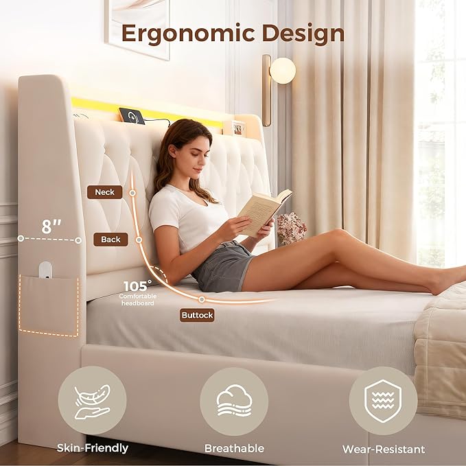 Queen LED Velvet Bed Frame with 2 Storage Drawers&Hidden Headboard, Upholstered Platform Bed with Charging Station&Button Tufted Design, Wooden Slats Support, Box Spring Optional, Easy Assembly, Beige