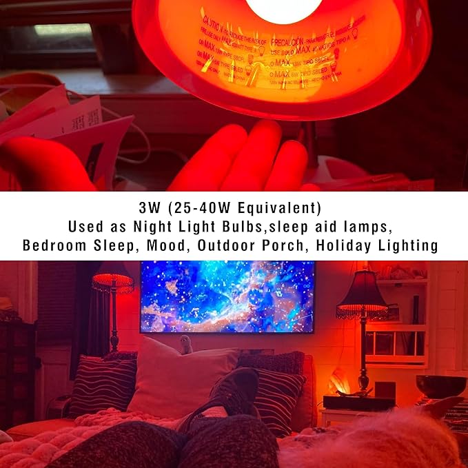 625nm Red Sleep Light Bulbs, 100% Blue Light Blocking, 3W Red LED Light Bulb 25w-40w Equivalent, A15 Red Night Lights for Bedroom Sleep,Baby Nursery,Porch,Holiday Christmas Lighting,Non-Dimmable,4Pack