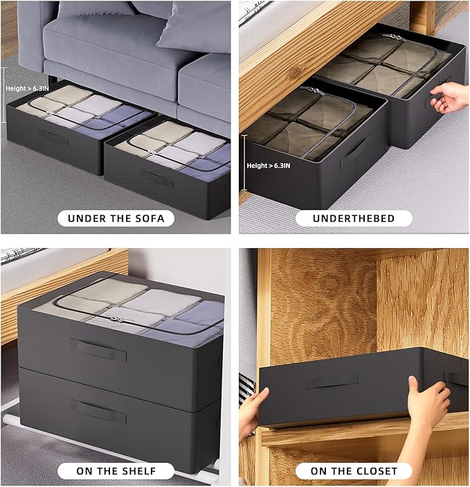 CYhom Under Bed Storage Bins Frame Storage Box Oxford Fabric Sturdy Underbed Container Foldable Stackable Large Capacity Clothes Organizer