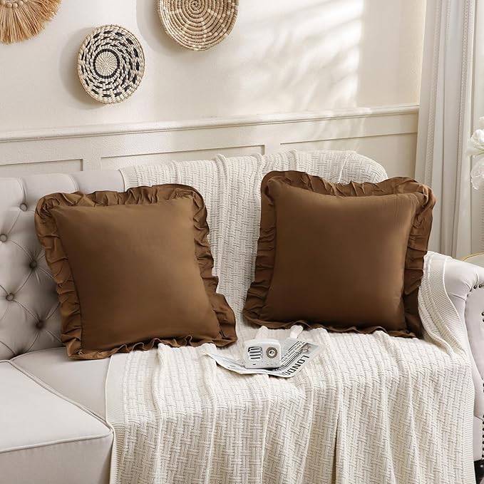 Merryword Brown Pillowcases 18x18 Cute Throw Pillow Covers Pack of 2 Ruffle Pillowcase Cushion for Couch Sofa Bedroom