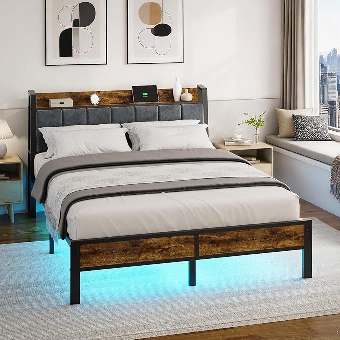 Queen Size Bed Frame with Wood Headboard, Metal Platform Bed with USB Charging Station and Smart LED Lights, No Box Spring Needed, Easy Assembly