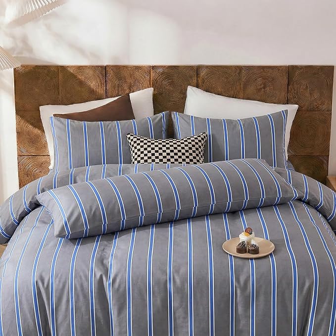 Merryword 100% Cotton Pillow Cases, Queen Size Pillowcases, Blue and Gray Striped Pillowcases, Soft Breathable Engineered Stripes Pillow Covers, Set of 2