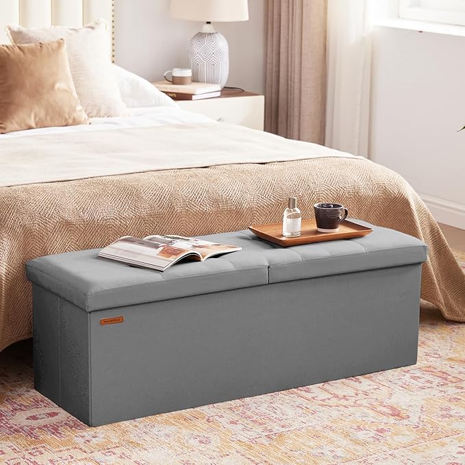 HAUSFRAU Storage Ottoman Bench with Flipping Lid, 43.3 Inches Storage Chest Footsrest, Folding Foot Stool for Entryway, Living Room, Bedroom, Linen Grey