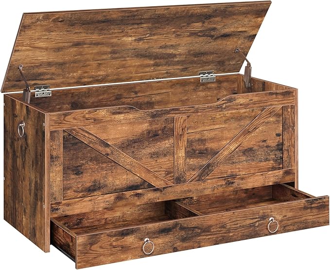 HOOBRO Storage Chest, 39.3" Toy Chest with Drawer, Wooden Storage Bench, Sturdy Entryway Bench Supports 220 lb, Shoe Bench, Safety Hinge, U-Shaped Opening, Easy Assembly, Rustic Brown FG710CW01G1