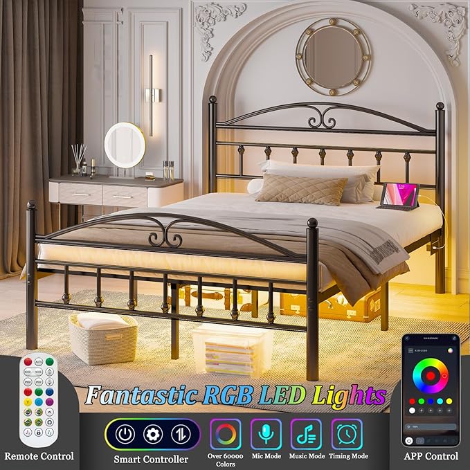 Queen Bed Frame with Headboard,Black Metal Platform Bed Frame Queen Size with LED Lights & Charging Station,Heavy Duty Metal Steel Slats,No Box Spring Needed,Noise Free,Easy to Assemble
