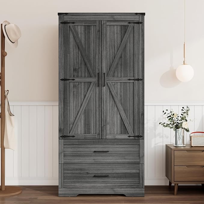 St.Mandyu Farmhouse Wardrobe Armoire Closet with 2 Doors and 2 Drawers, 70.1" Wooden Clothing Storage Cabinet, Freestanding Large Capacity Storage Wardrobe Armoire with Hanging Rod for Bedroom, Grey