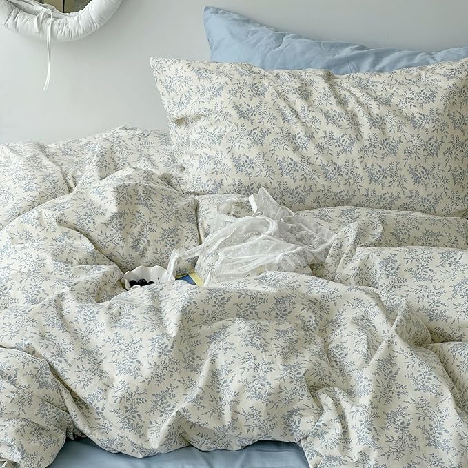 mixinni Blue Floral Duvet Cover Twin XL Size - 100% Cotton Soft Boho Comforter Cover with Zipper Closure 4 Ties, 3-Piece Vintage Aesthetic Botanical Bedding Set with 2 Pillowcases, All Season Bed Set