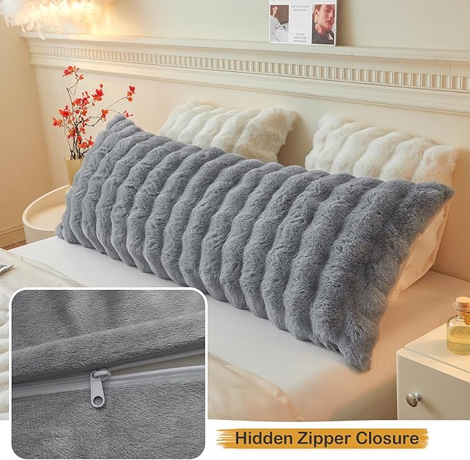 LIFEREVO Fluffy Faux Rabbit Fur Body Pillow Cover, Soft Cute Bubble Shaggy Plush Bed Body Pillowcase with Zipper Closure, Long 20"x54" Fuzzy Furry Pillow Case for Pregnancy Side Sleeper, Light Grey