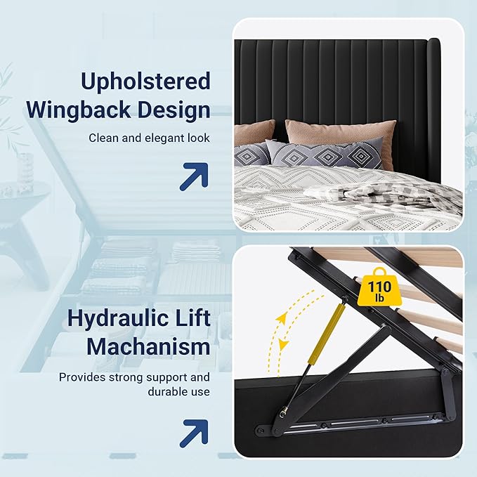 Allewie Full Size Lift Up Storage Bed Frame, Hydraulic Support System, Upholstered Platform Bed Frame, Underneath Storage, Vertical Channel Tufted Headboard with Wingback, No Box Spring Needed, Black