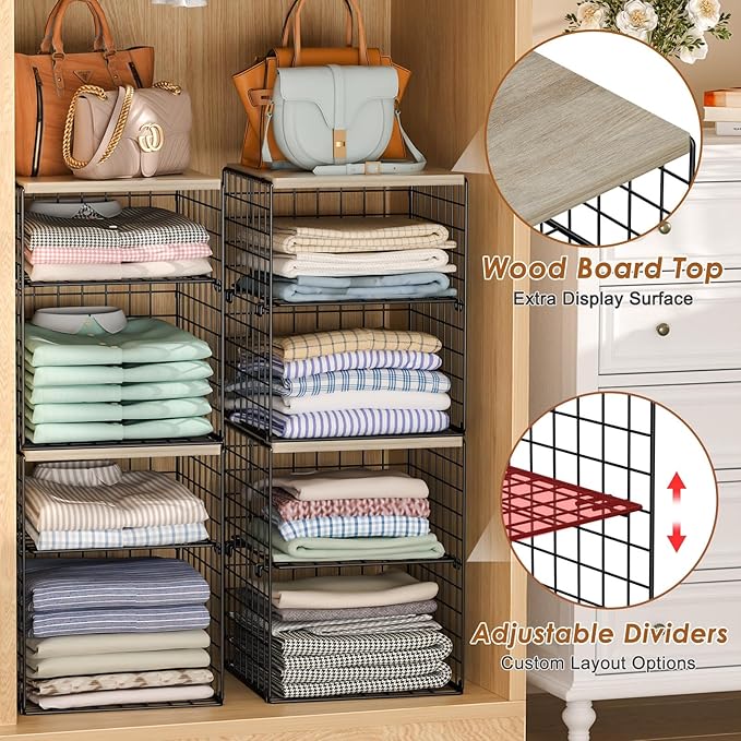 4-Tier Stackable Closet Organizers and Storage, Adjustable Dividers & Wood Top Storage Shelves for Clothes, Wardrobe & Closet Storage Basket Bins/Cube, Space-Saving Closet Organizer System, Black
