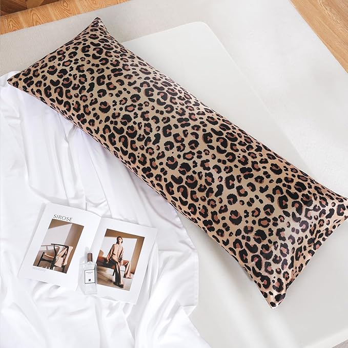 MR&HM Satin Body Pillow Cover, Soft and Breathable Body Pillow Case with Envelope Closure, Cooling and Silky Long Pillowcase for Hair and Skin,Grey (20x54, Brown Leopard)