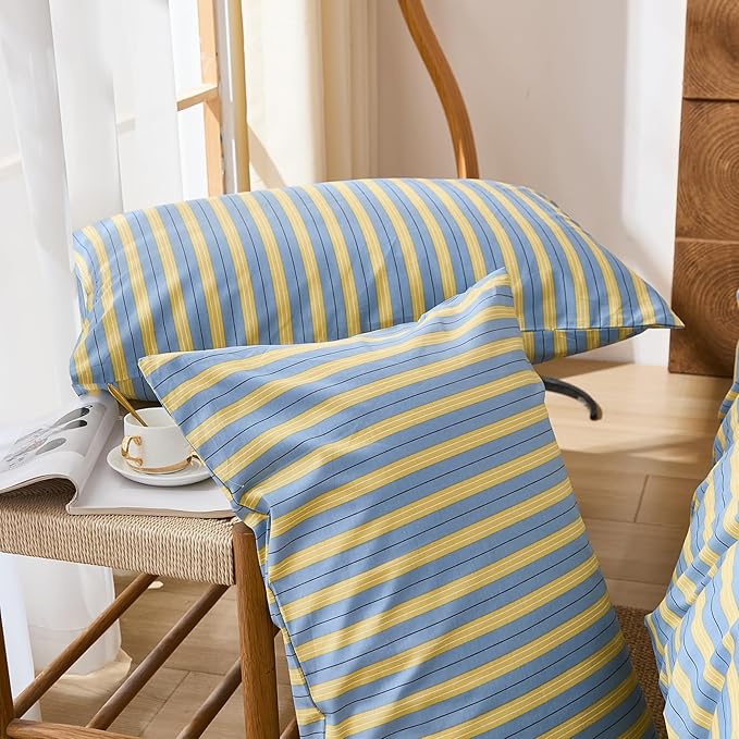 Merryword Blue & Yellow Striped Pillowcases, 100% Cotton Pillow Cases, Queen Size Pillowcases, Luxury Linen Like Pillowcase, Soft Breathable Ribbon Stripe Pillow Covers, Set of 2