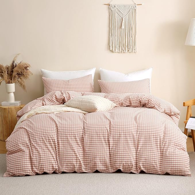 TOCOMOA Pink Tan Gingham Duvet Cover Bedding Set 100% Washed Cotton Like Linen Feel Super Soft Comfy 3 Piece Vintage Plaid Checkered Fall Comforter Cover Set (Queen 90"x90", Comforter Not Included)