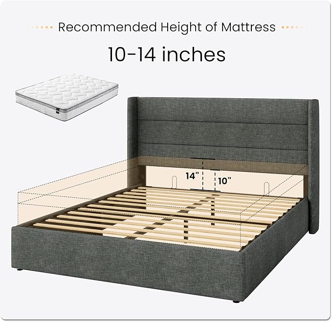 SHA CERLIN Full Size Lift Up Storage Bed/Modern Wingback Headboard/Upholstered Platform Bed Frame/Hydraulic Storage/No Box Spring Needed/Wood Slats Support/Dark Grey