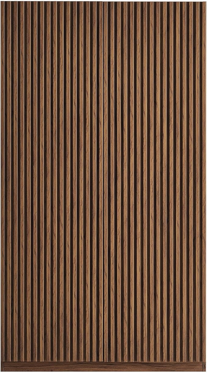 Modway Render Mid Century Modern Wardrobe Armoire Closet in Walnut w/Vertical Slatted Doors - 71Inch Freestanding Closet w/Adjustable Shelves & Hanging Rods - Tall Bedroom Storage Cabinet