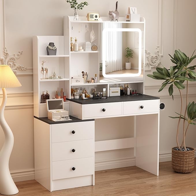 KAMABOKO Vanity Desk with Lighted and Mirror, White Makeup Table with Drawers and Charging Station, 3 Model Adjustable for Bedroom & Dressing Room (042 Black)