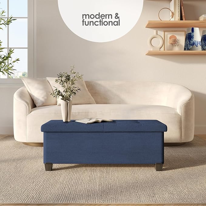 Storage Ottoman Bench with Bins, 43-in Storage Bench for Bedroom End of Bed, Folding Foot Rest Ottoman for Living Room Max 660lbs, Fabric Ottomans, Blue