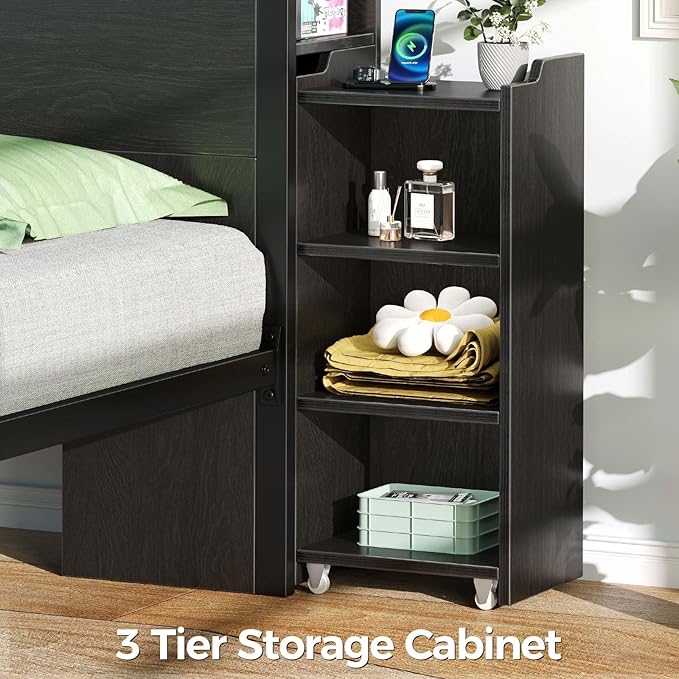 Rolanstar Twin Bed Frame with Bookcase Storage Headboard, Slide Out Bedside Storage, Bed with Charging Station & LED Lights, Heavy Duty Metal Slats, No Box Spring Needed, Noise Free, Black