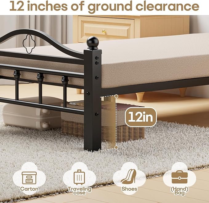 Twin XL Bed Frame with Headboard, 1500LBS Heavy Duty Twin XL Bed with Noise Free Design/12 Inch Under-Bed Storage Space/No Box Spring Needed/Tool-Free Assembly