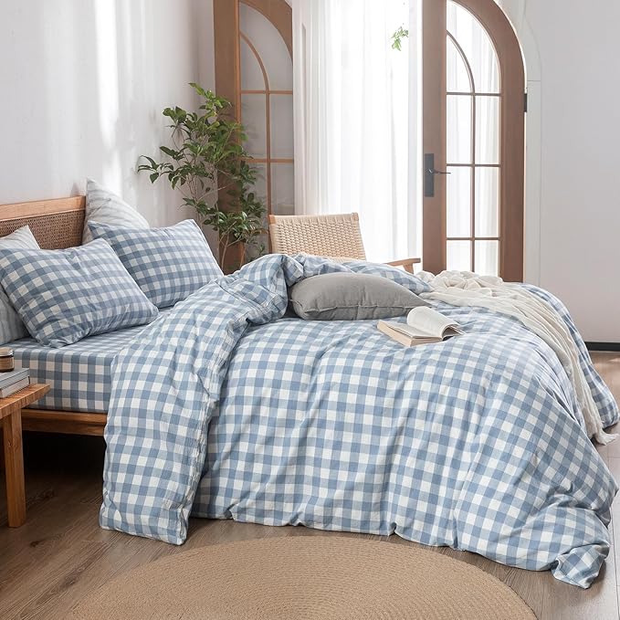 BESTOUCH Duvet Cover Set 100% Washed Cotton Linen Feel Super Soft Comfortable Chic Lightweight 3 PCs Home Bedding Set Cornflower Blue & White Grid King