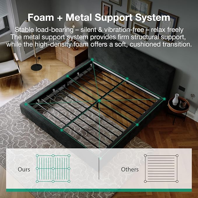 Novilla King Size Bed Frame, Plush CloudSoft Bed, Corduroy Upholstered Platform Bed Frame with Headboard, Easy Assembly, No Box Spring Needed, Modern Soft Bed Frame, Black