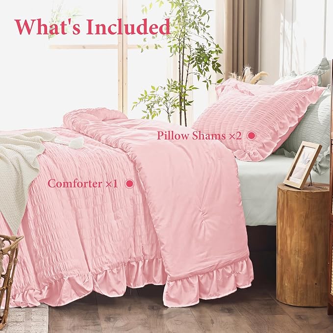 JOLLYVOGUE Pink Seersucker Queen Comforter Set, 3 Pieces Bed in a Bag Comforter Set, Lightweight & Fluffy Bedding Sets Queen for All Season with 1 Ruffle Comforter and 2 Ruffle Pillowshams