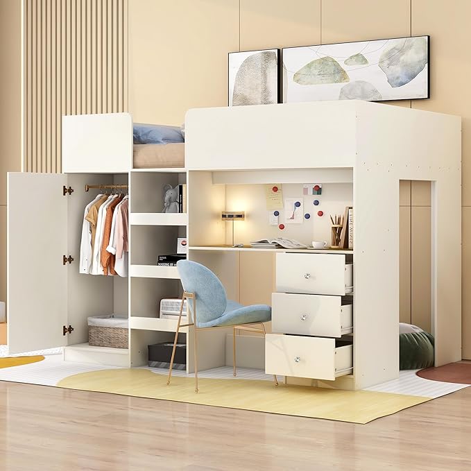 Harper & Bright Designs Full Size Loft Bed with Desk, Wood Full Loft Bed Frame with Built-in Wardrobe, Storage Shelves and Drawers, Beige