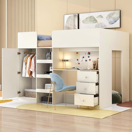 Harper & Bright Designs Full Size Loft Bed with Desk, Wood Full Loft Bed Frame with Built-in Wardrobe, Storage Shelves and Drawers, Beige