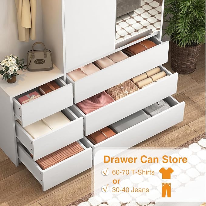 Armoire Wardrobe Closet with Mirror Door and LED Light, Bedroom Armoire with 6 Drawers, Modern Wooden Large Wardrobe Closet with Shelves, Wooden Armoire with Hanging Rod for Bedroom(White)