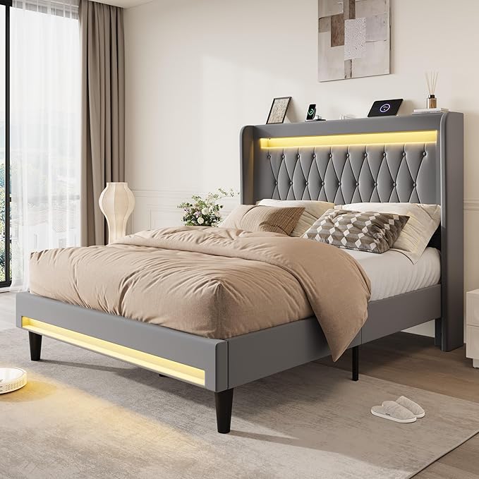SHA CERLIN Full Size LED Bed Frame with Charging Station, Velvet Upholstered Platform Bed with High Wingback Headboard, No Box Spring Needed, Easy Assembly, Grey
