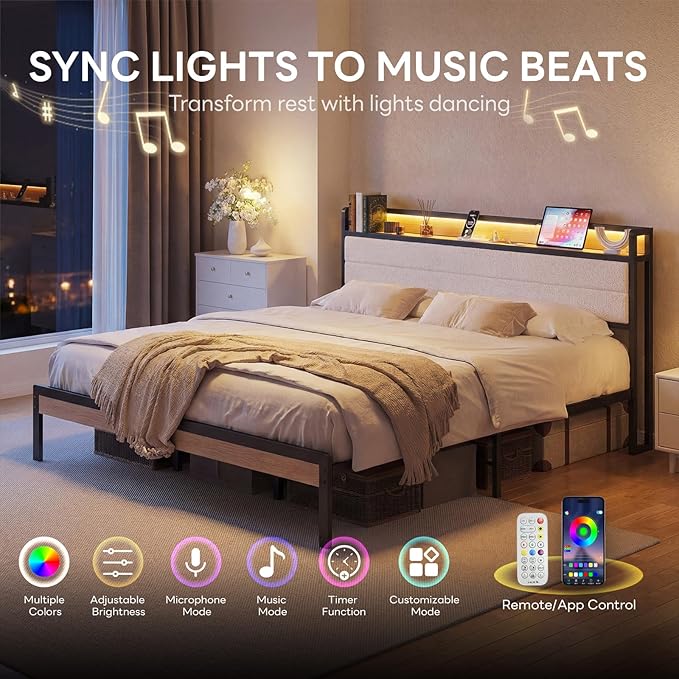 LIKIMIO California King Bed Frame with Storage Headboard and LED Lights, Metal Platform Bed with Charging Station, Noise Free, No Box Spring Needed, Under Bed Storage, Natural and Cream