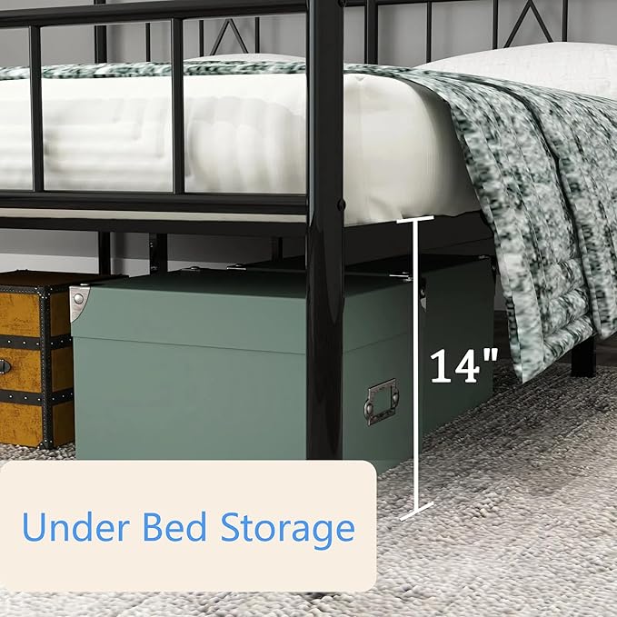FONTOI King Size Bed Frame, 14 Inch Metal Platform Bed with Iron-Art Headboard & Footboard, Max 3500lbs Metal Slat Support, Bed Frame with No Box Spring Needed, Under Bed Storage, Black