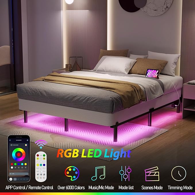Queen Bed Frame LED Lights Platform Bed Frame Queen Size for Box Spring Mattress Foundation,7 Inch 9 Legs Strong Support Basics Bed Base with Charging Station,Heavy Duty,Noisy Free (7 Inch, Queen)