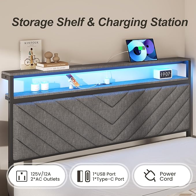 HISOFT Queen Bed Frame with Charging Station, LED Lights & 2 Storage Drawers, Grey Platform Bed with Upholstered Headboard, Under-Bed Storage, No Box Spring Needed, Easy Assembly, Strong Support