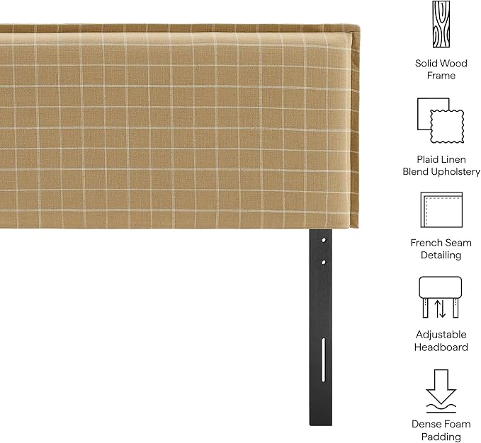 Modway Camille King Size Checkered Linen Blend Plaid Headboard with Removable Slipcover – in Hemp Windowpane Check - Padded Pillow Style Headboard with Adjustable Mounting for King Beds