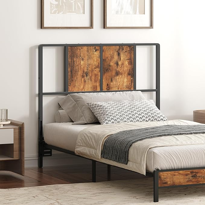 MAHANCRIS Twin Size Headboard Only, Metal Headboard with Adapters, Minimalist Industrial Style for Twin Size Beds, Rustic Brown and Black