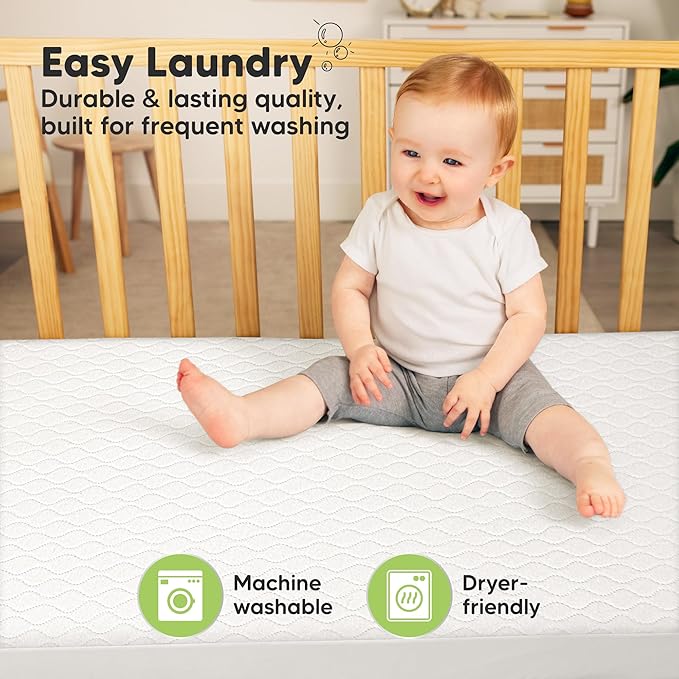 1-Pack Waterproof Crib Mattress Protector Cover Fitted - Quiet Baby Crib Mattress Pad Sheets, 52" x 28" Soft Quilted Cotton Baby Sheet, Machine Washable, Easy Fit, Durable (Soft White/Mavy)