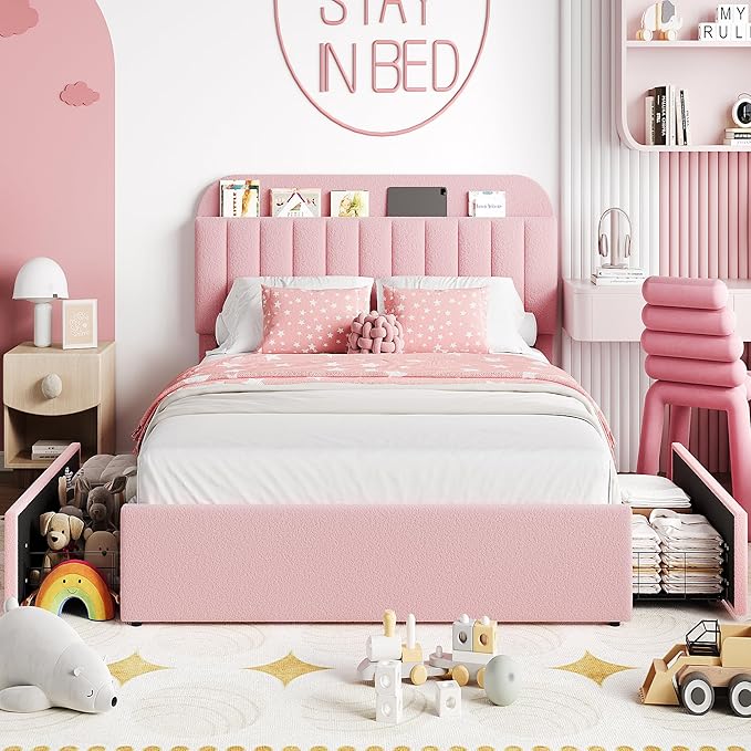 Garvee Queen Size Bed Frame with 2 Flexible Drawers, Boucle Upholstered Platform Bed Frame with Bookcase Headboard, Bedframe for Kids/Girls, Easy Assembly, No Box Spring Needed, Noise Free, Pink