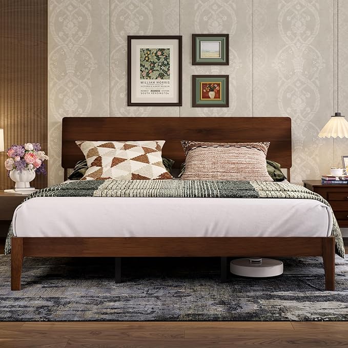 Novilla King Size Bed Frame with 3-Level Adjustable Storage Headboard, Solid Wood Platform Bed Frame with Slats, No Box Spring Needed, Noise Free, Walnut Finish for Master Bedroom and Guest Room